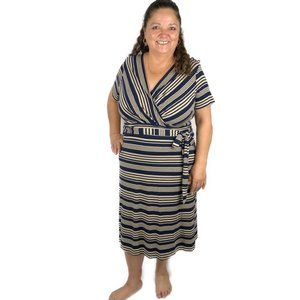 Talbots Womens Wrap Dress Size 1X Navy Tan Stripe Faux Stretch Below Knee Belted
